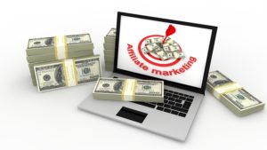 Affiliate Marketing Program For Virtual Storefronts shows laptop and bundles of cash
