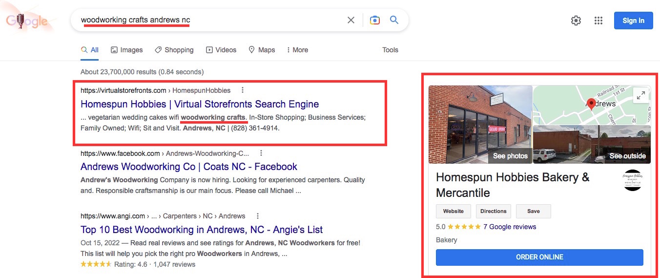 Try searching 'woodworking crafts Andrews NC" yourself to see how it works