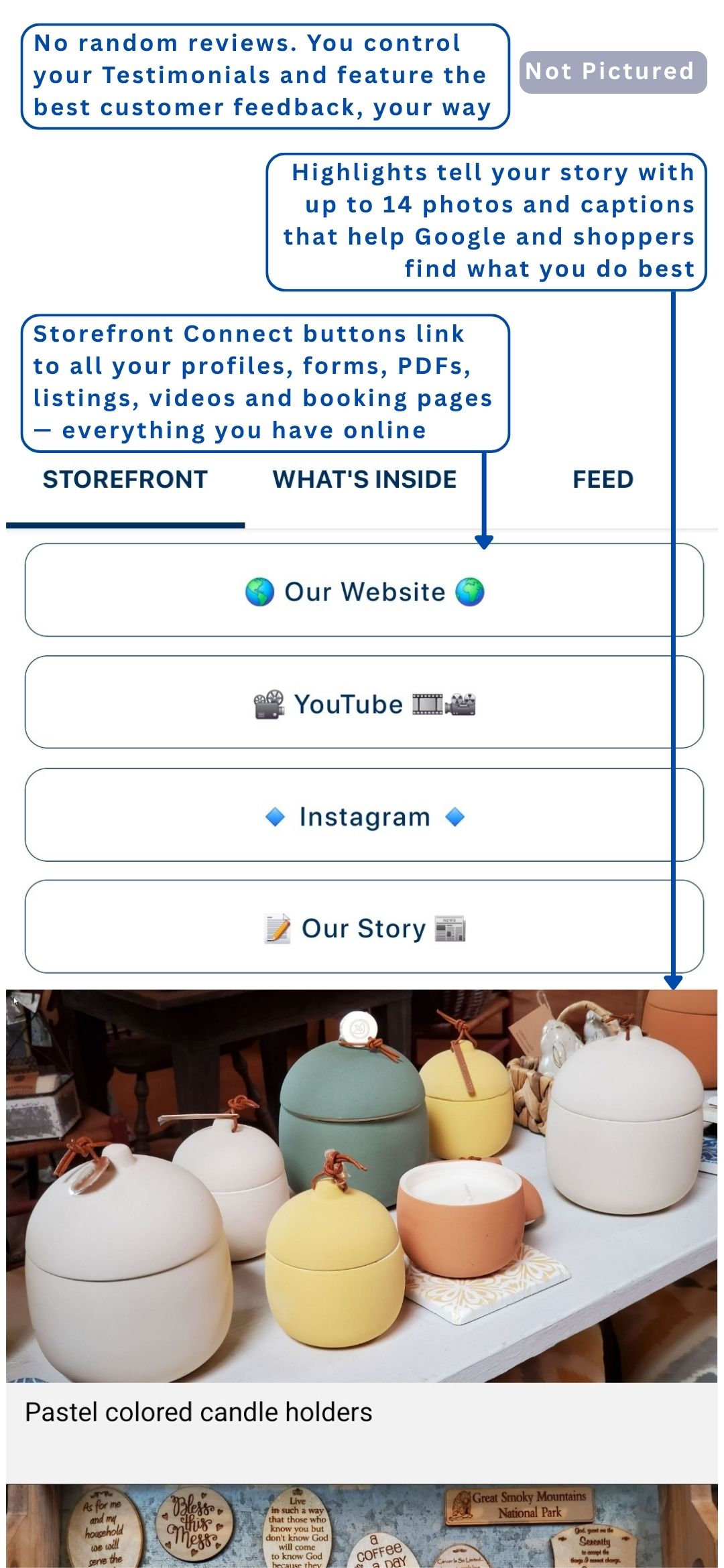 Connect buttons and business highlights