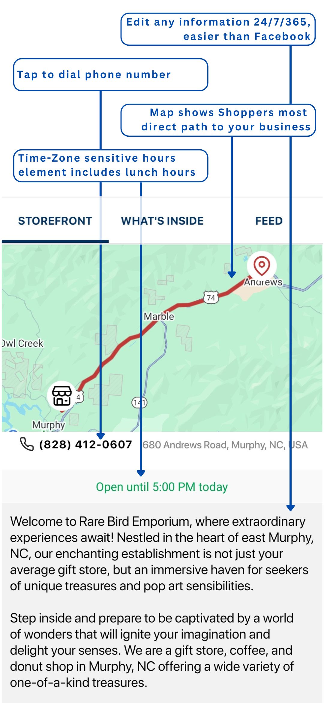 Business details and location features